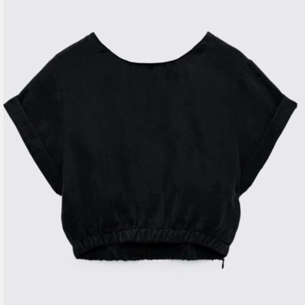 NWT Zara Crop Top 100% Lyocell Elastic Waistband Cuffed Sleeves Black XL
